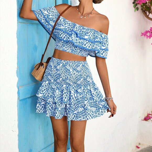 Blue And White Casual Women's Shirred Layered Ruffle Blouse And Skirt Set - Picture 6 of 7